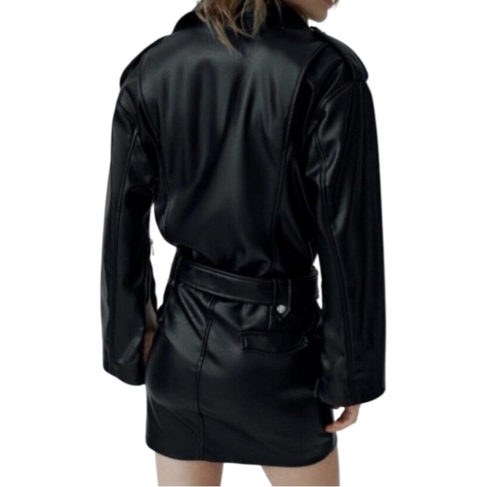 Zara Faux Leather Moto Dress NWT Size S Black Mini Biker Zip Belted - Picture 2 of 11
